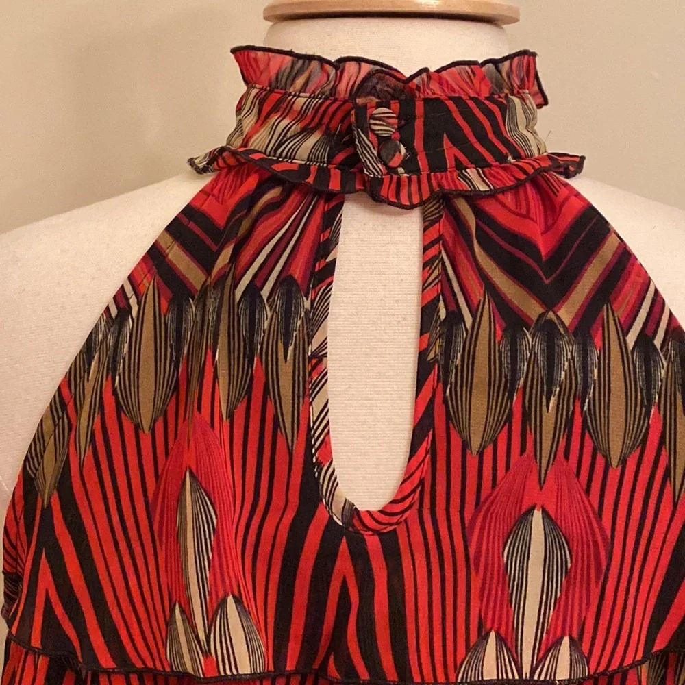 Adiva Black Red Tan Geometric SZ L High Neck Boho Chic Earthy Modern Halter Top - Picture 8 of 11
